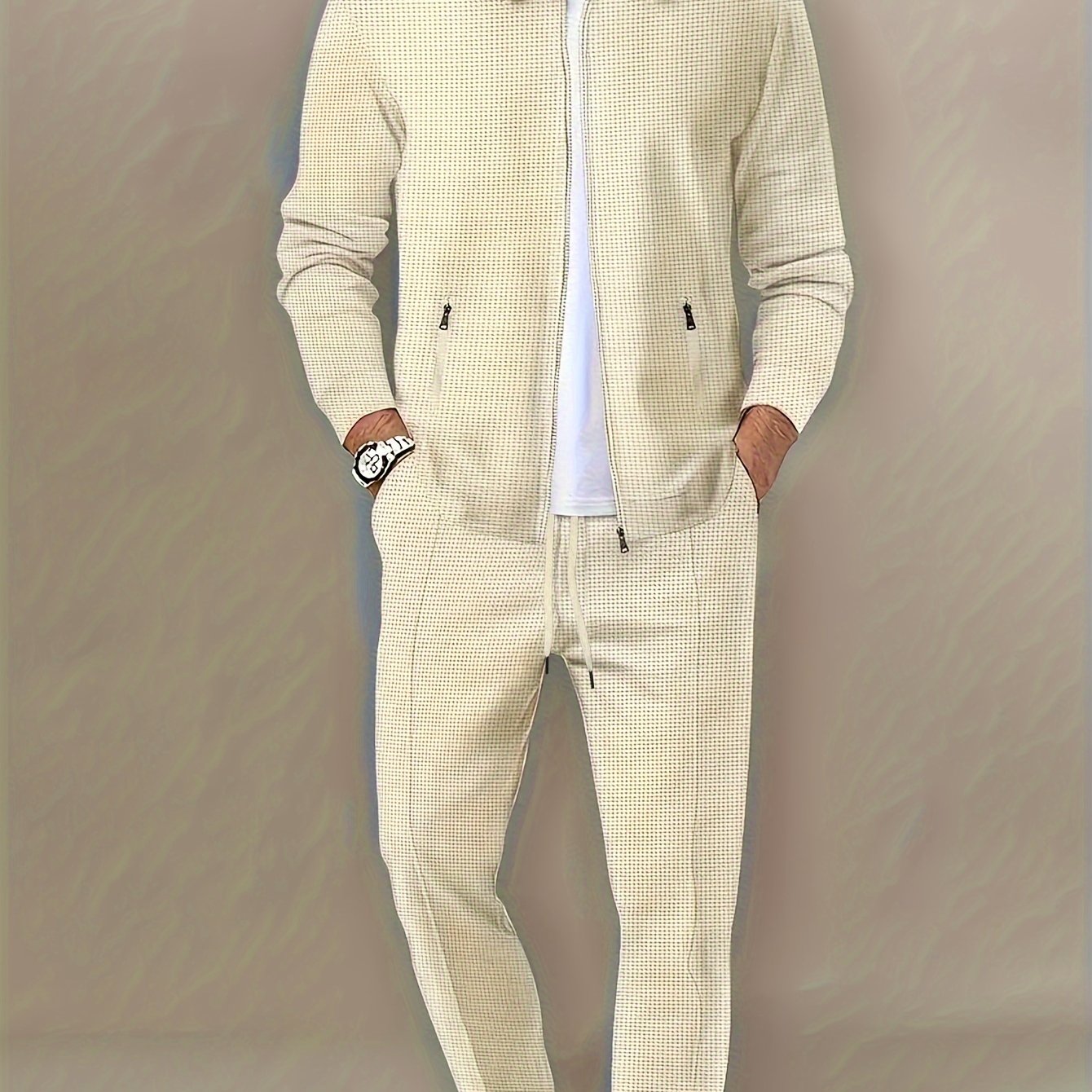 Men's 2-piece outdoor outfit: Solid long sleeve zip-up jacket with zipper pockets and pants.