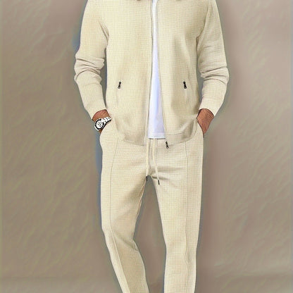 Men's 2-piece outdoor outfit: Solid long sleeve zip-up jacket with zipper pockets and pants.