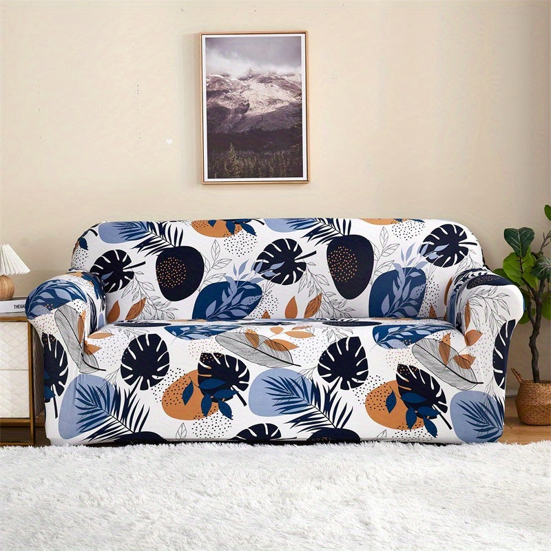 Modern printed sofa slipcover with elastic closure, made of 95% polyester and 5% spandex. Machine washable with active printing and stitched craftsmanship. Fits armchairs to sectional sofas, weighing 100-120gsm fabric.