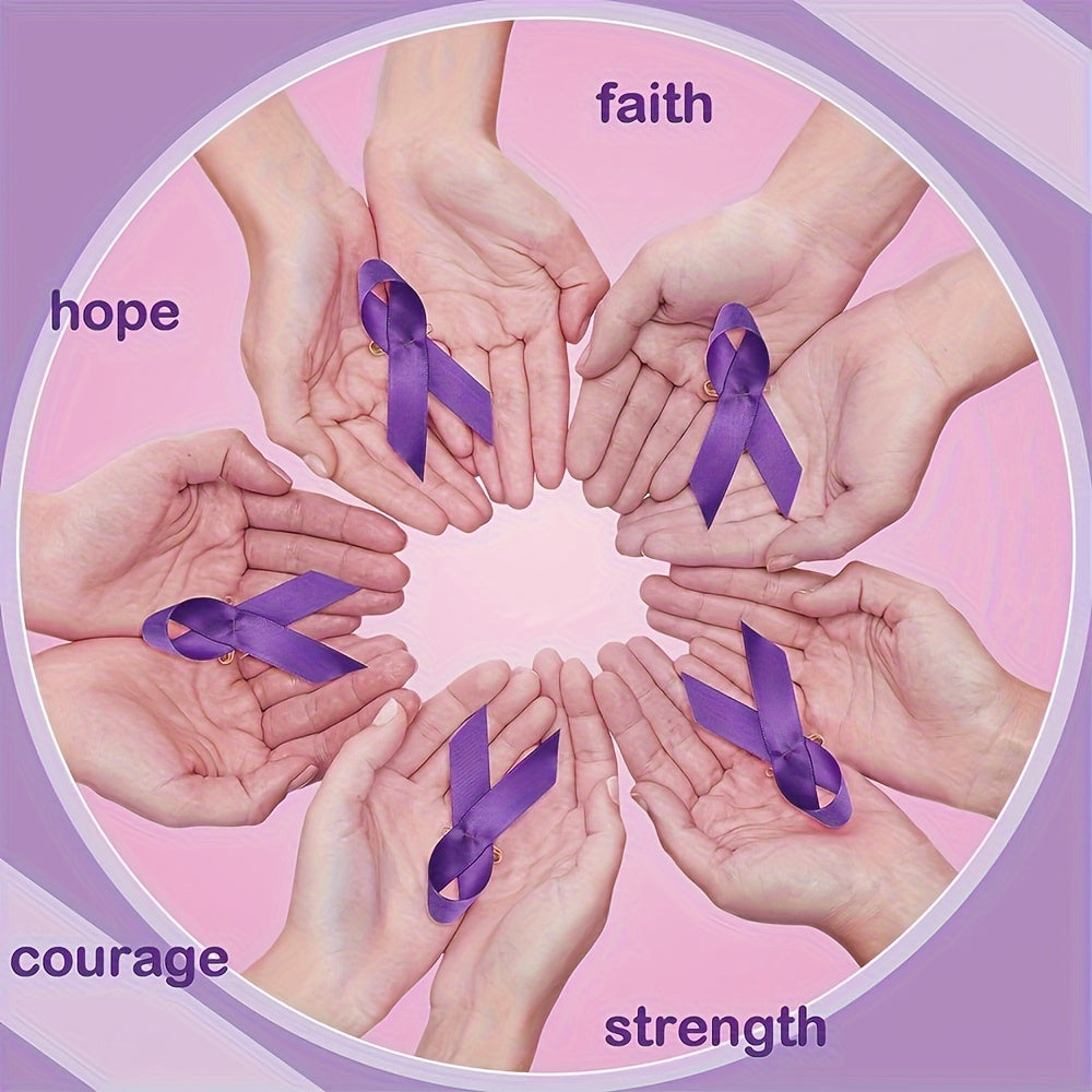 100 purple ribbon pins designed for raising awareness for pancreatic cancer, domestic violence, lupus, Alzheimer's, and cancer consciousness. These safety pin brooches are perfect for charity public events and serve as women's novelty accessories in a