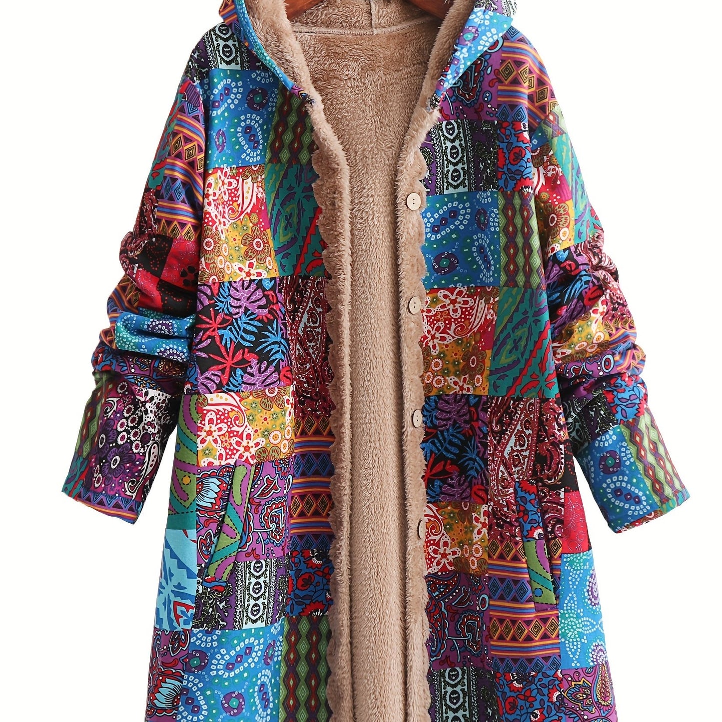 Fleece-lined hooded coat with colorful paisley & floral print, button front, long sleeve for women, machine washable.