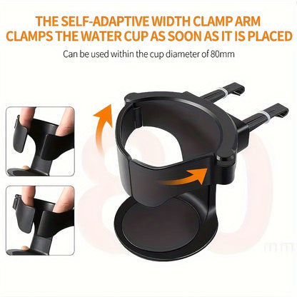 Adjustable vehicle cup holder with swivel base and clip-on design, made of plastic for universal fit.