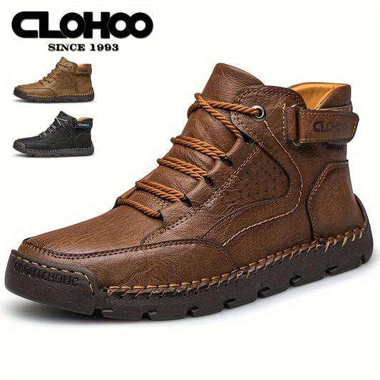 CLOHOO Men's High-Top Casual Ankle Boots with Handcrafted PU Upper & Lining, Rubber Sole for Enhanced Grip, Round Toe Lace-Up Closure, Warm Plush Interior, Solid Color Design for Outdoor