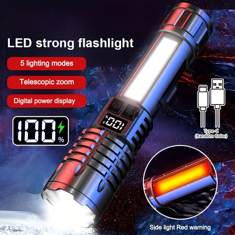 800mAh LED flashlight with adjustable focus, USB rechargeable, digital display. Ideal for outdoor camping and emergency lighting.