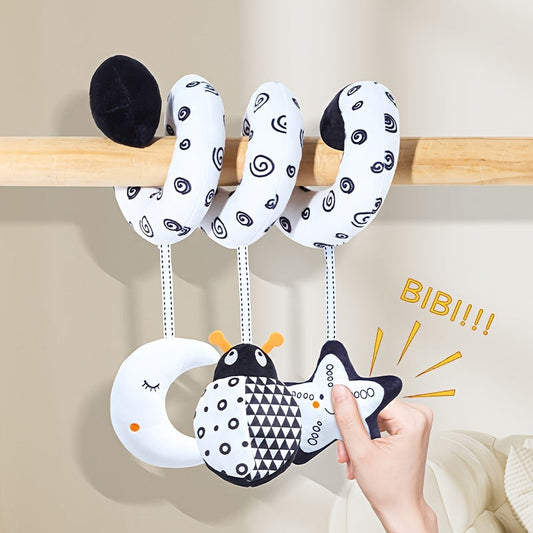 Black and white baby hanging toys with animal-themed designs, perfect for decorating strollers and car seats. These plush spiral toys are ideal for entertaining babies while traveling. Choose from bee, owl, or beetle styles.