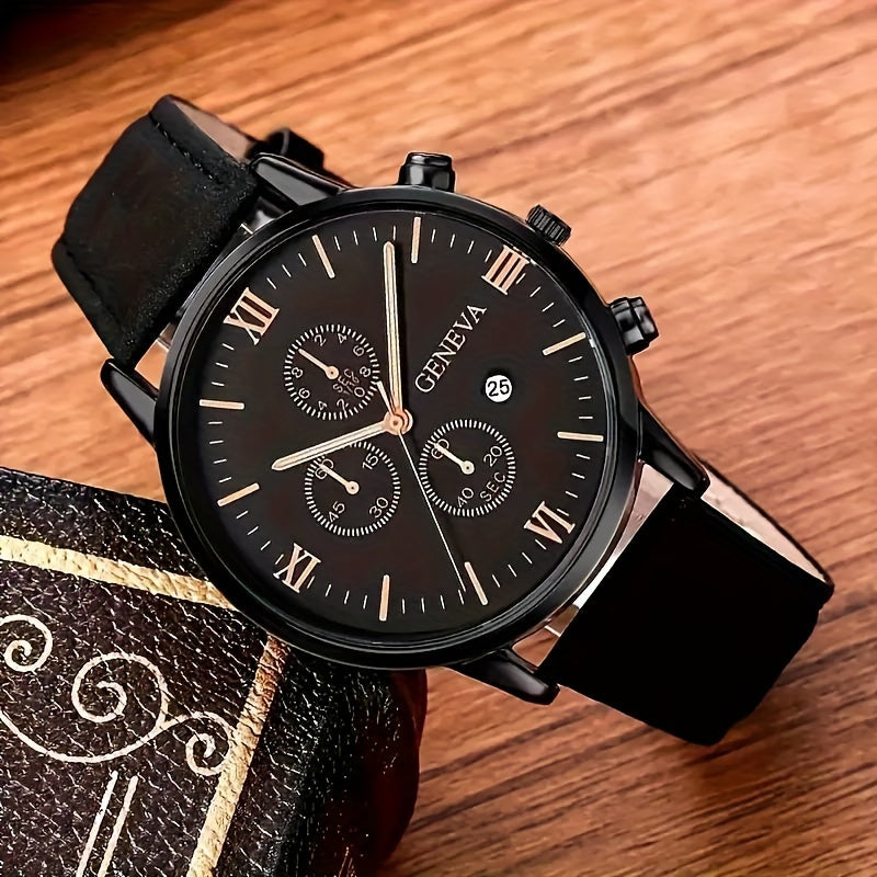 Elegant Men's Quartz Watch with Date Function - Timeless Circular Face, Synthetic Leather Band, Roman Numeral Dial, Ideal Present for Boyfriend/Father