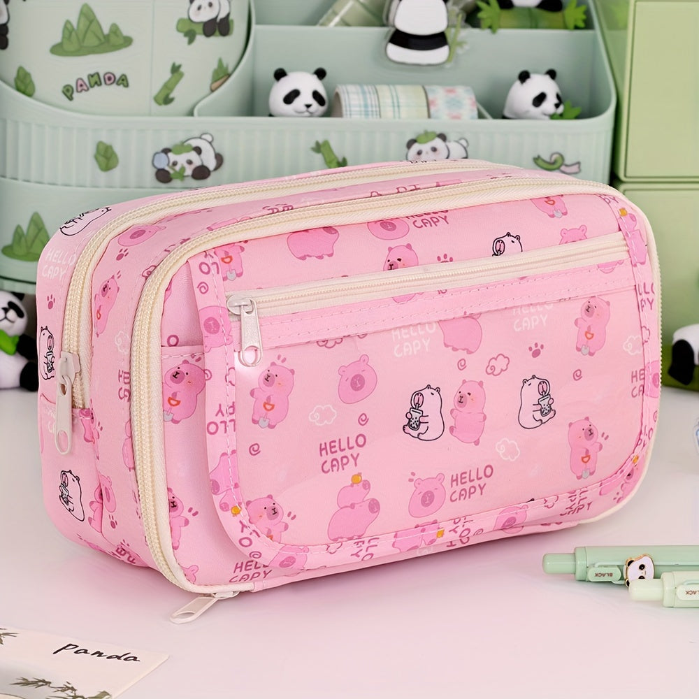 Panda cartoon pencil case with multi-layer organizer for pens, pencils and accessories. Stylish storage for boys and girls.