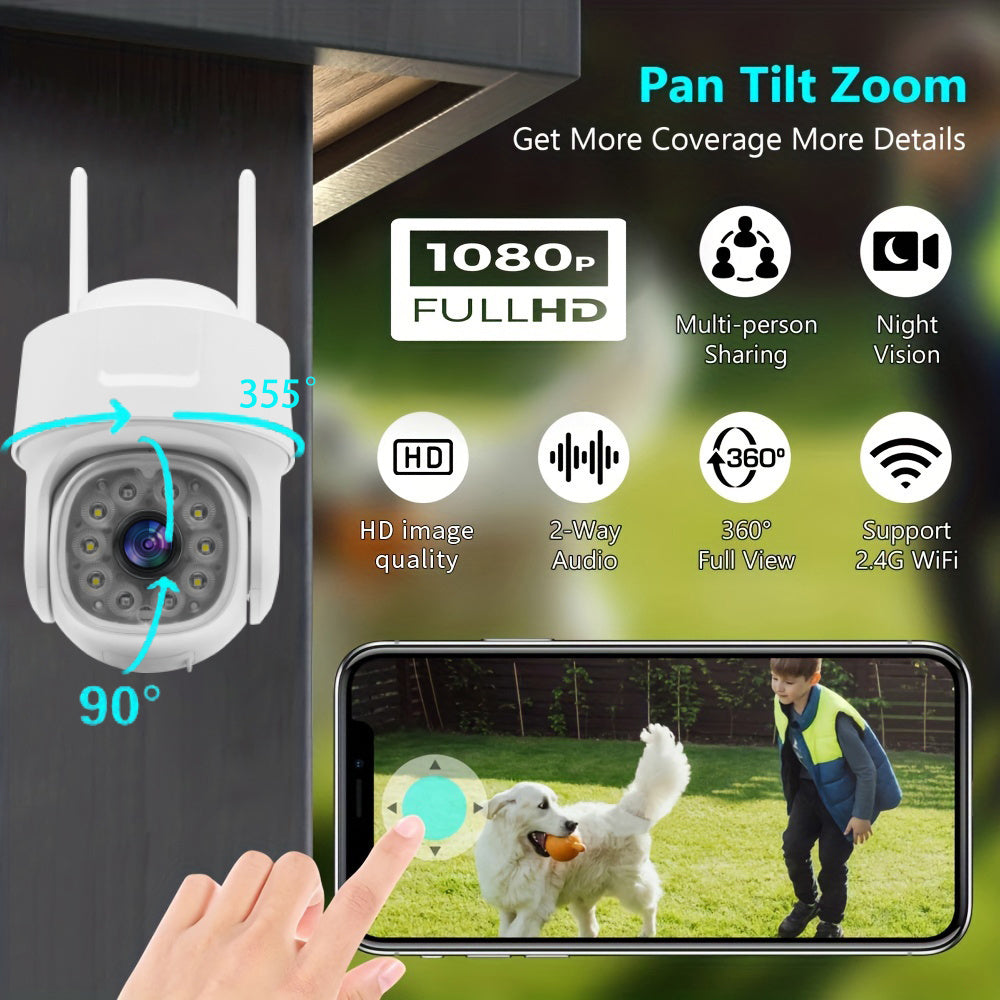 Introducing the OIMLYO 1080P HD Wireless WiFi Security Camera. Featuring a 355° Panoramic PTZ, IP66 Waterproof design, Night Vision, Two-Way Audio and Motion Detection. Easy to install with Wall Hanging capability, this camera is Compatible with