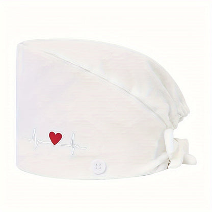 Women's embroidered heart pattern beanie cap made of 100% polyester with breathable, inelastic design. Features sweat-absorbent lining, dust-proof material, and adjustable elastic band.