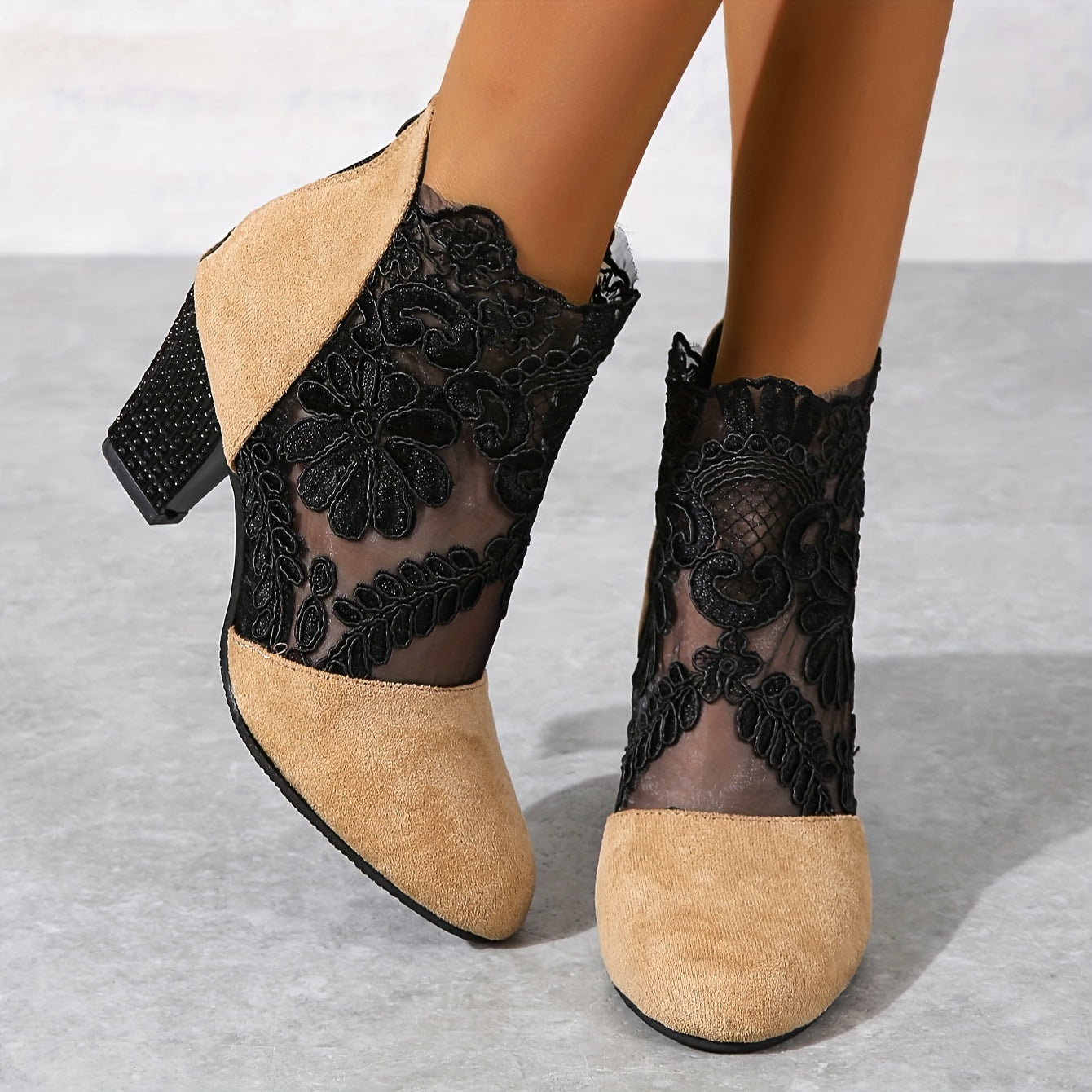 Women's Floral Lace Pattern Boots with Back Zipper, Chunky Heel, and Round Toe