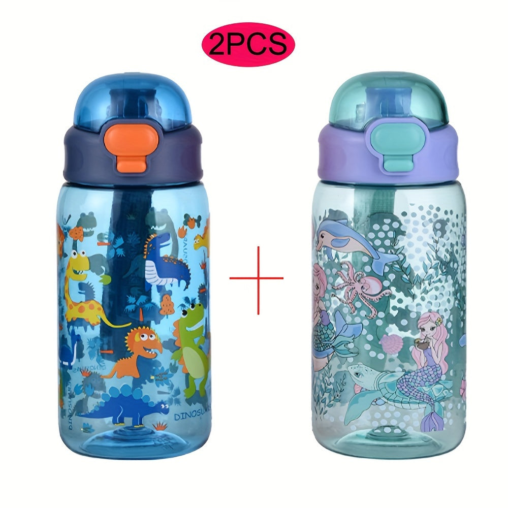 2 packs of 20oz thermal transfer cartoon pattern water cups with portable handles, perfect for home, outdoor activities, and gifts.