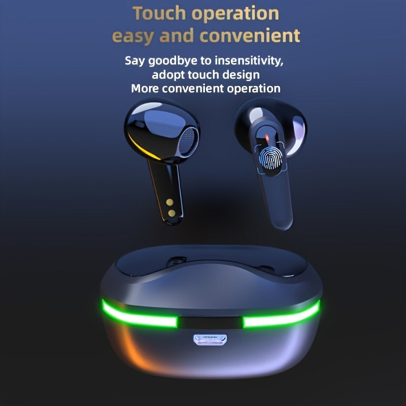 Futuristic heart-shaped wireless earbuds with LED display, touch control. Ideal for sports, gaming, and calls. USB-C charging case included.