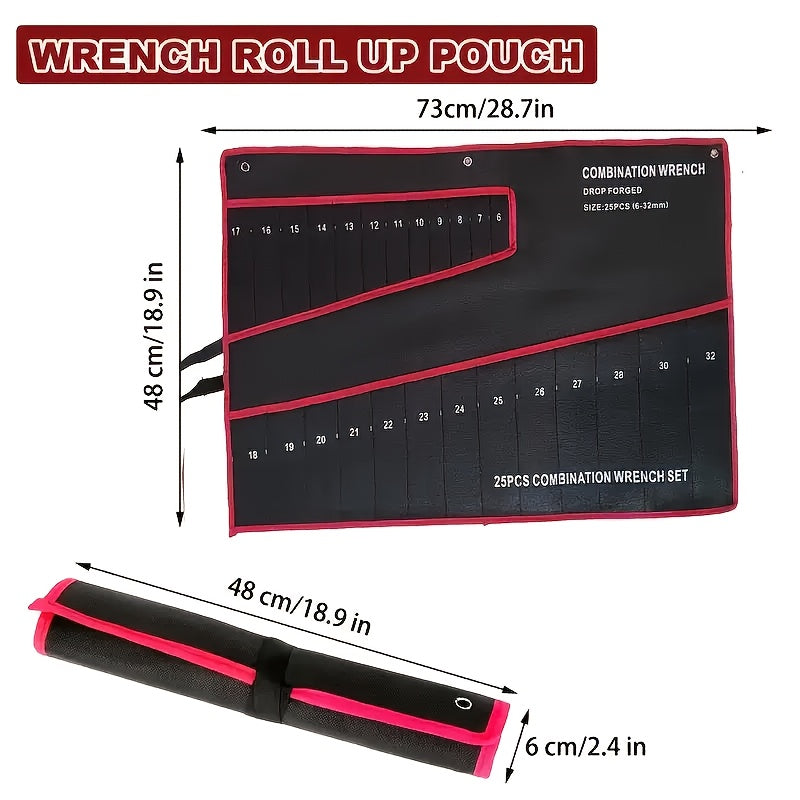 Durable wrench roll-up pouch with safety strap closure, handle, and hanging feature - premium tool storage for craftsmen. Great for organizing wrenches, screwdrivers, and pliers.