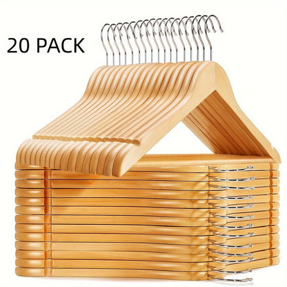 Set of 20 Non-Slip Wooden Clothes Hangers Featuring Grooves, Made from Solid Wood - Ideal Drying Rack for Wardrobes, Bedrooms, and Clothing Stores. These Anti-Deformation Traceless Standard Hangers are designed for Household Space Saving Storage, perfect