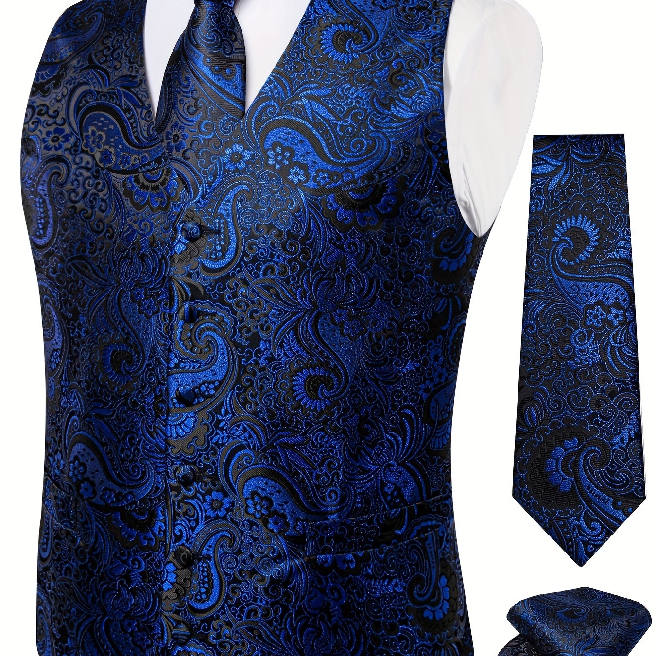 Men's plus size blue waistcoat set includes paisley necktie, cufflinks, and handkerchief. Perfect for formal occasions like weddings.