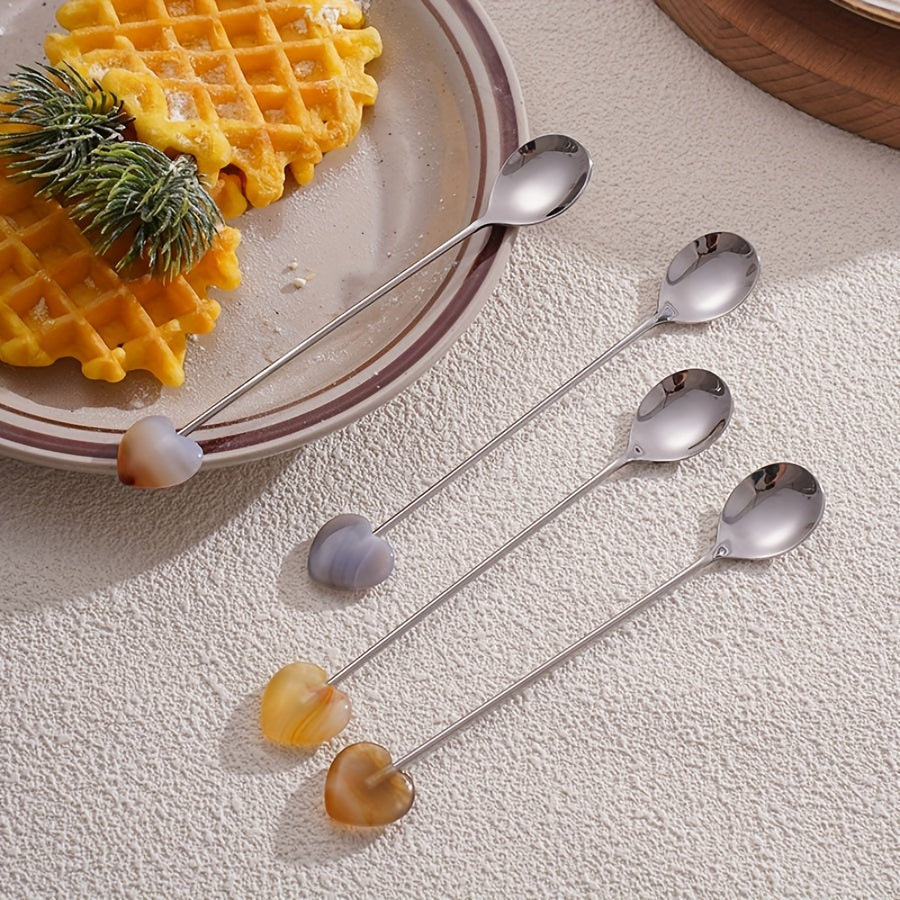 Enhance your dining experience with these exquisite stainless steel spoons featuring beautifully polished natural heart-shaped gemstones. Ideal for adding a hint of opulence to your coffee, tea, desserts, or appetizers. Perfect for special occasions such