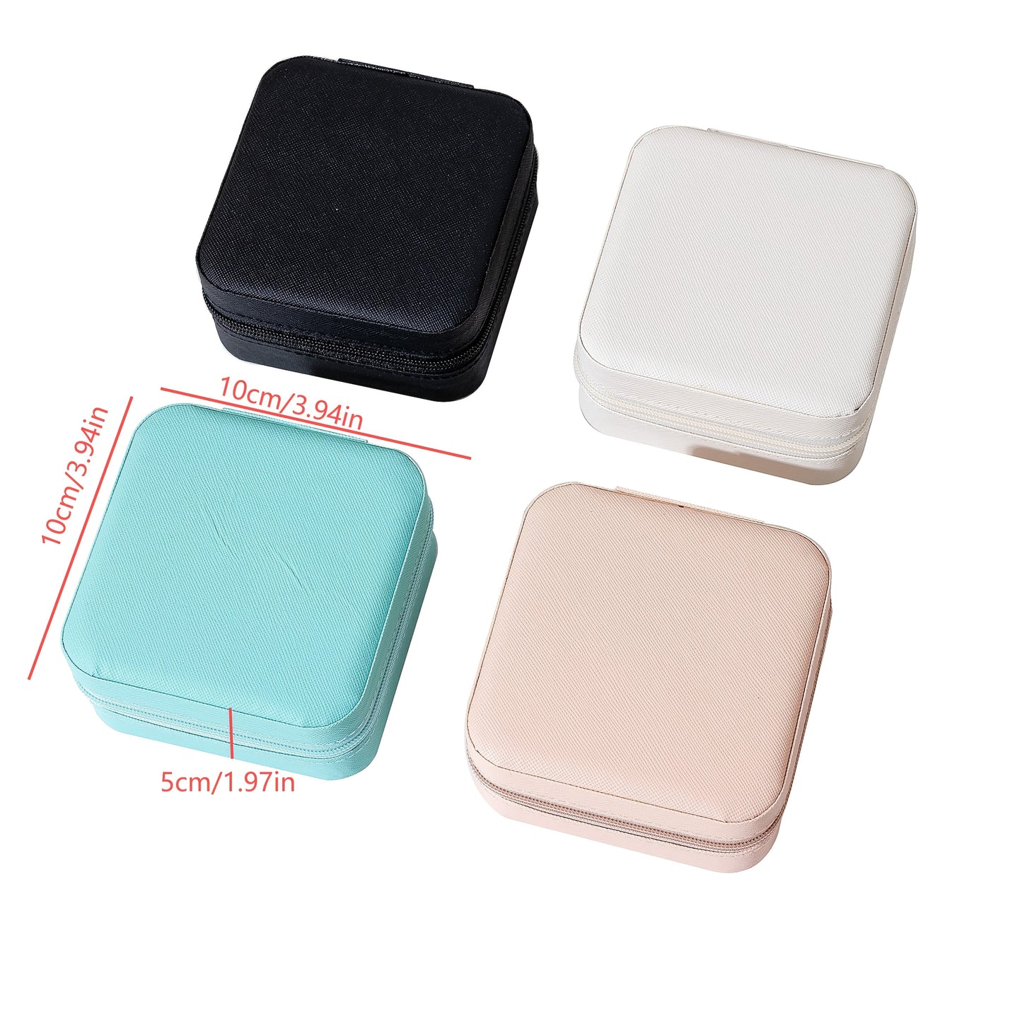 Compact square jewelry box for rings, bracelets, necklaces, earrings, and lipstick with various color choices.