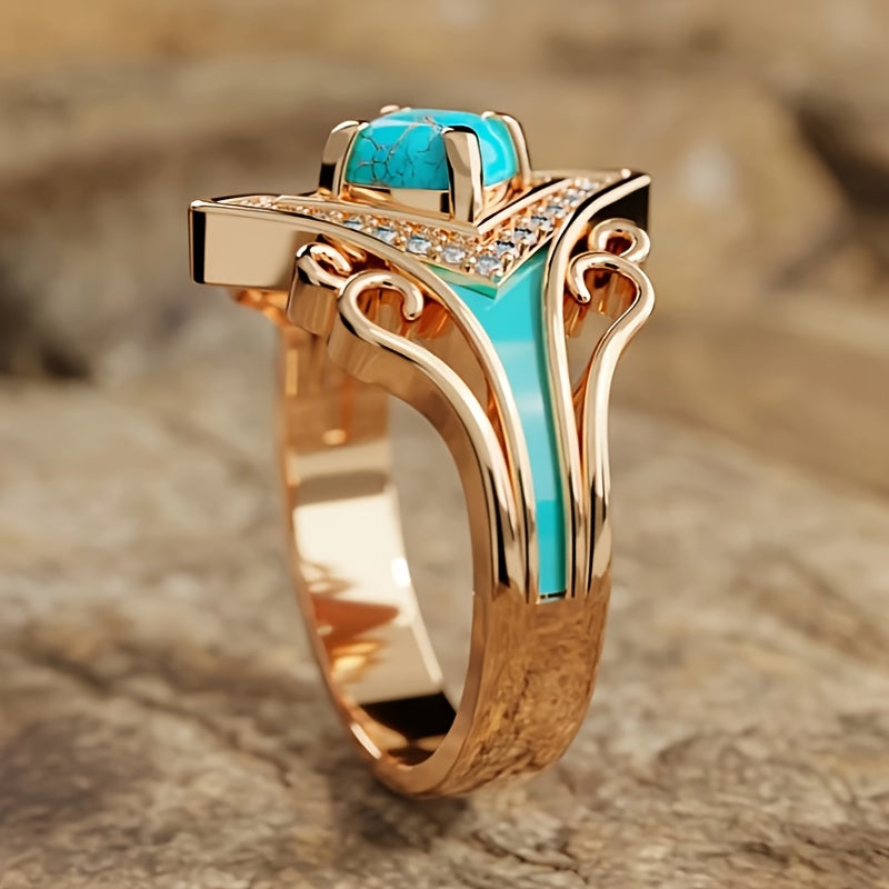 Vintage Jewelry for Women: Bohemian Glamour with Electroplated Rose Gold, Synthetic Turquoise, and Imitation Zirconia Ring Perfect for Engagement, Wedding, and Anniversary Celebrations