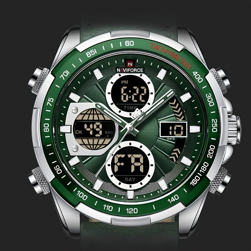 NAVIFORCE Men's Luxury Sports Quartz Watch - Waterproof, Genuine Leather Strap, Dual Display with Date & Chronograph Functions, Stainless Steel Case, Green Accents, Tachymeter Equipped