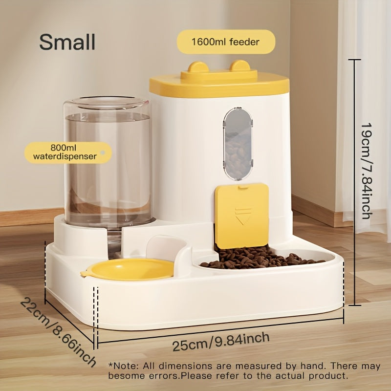 Dual bowl ergonomic cat feeder and water dispenser set made of plastic for cats, featuring automatic food and water feeding for neck-friendly use.