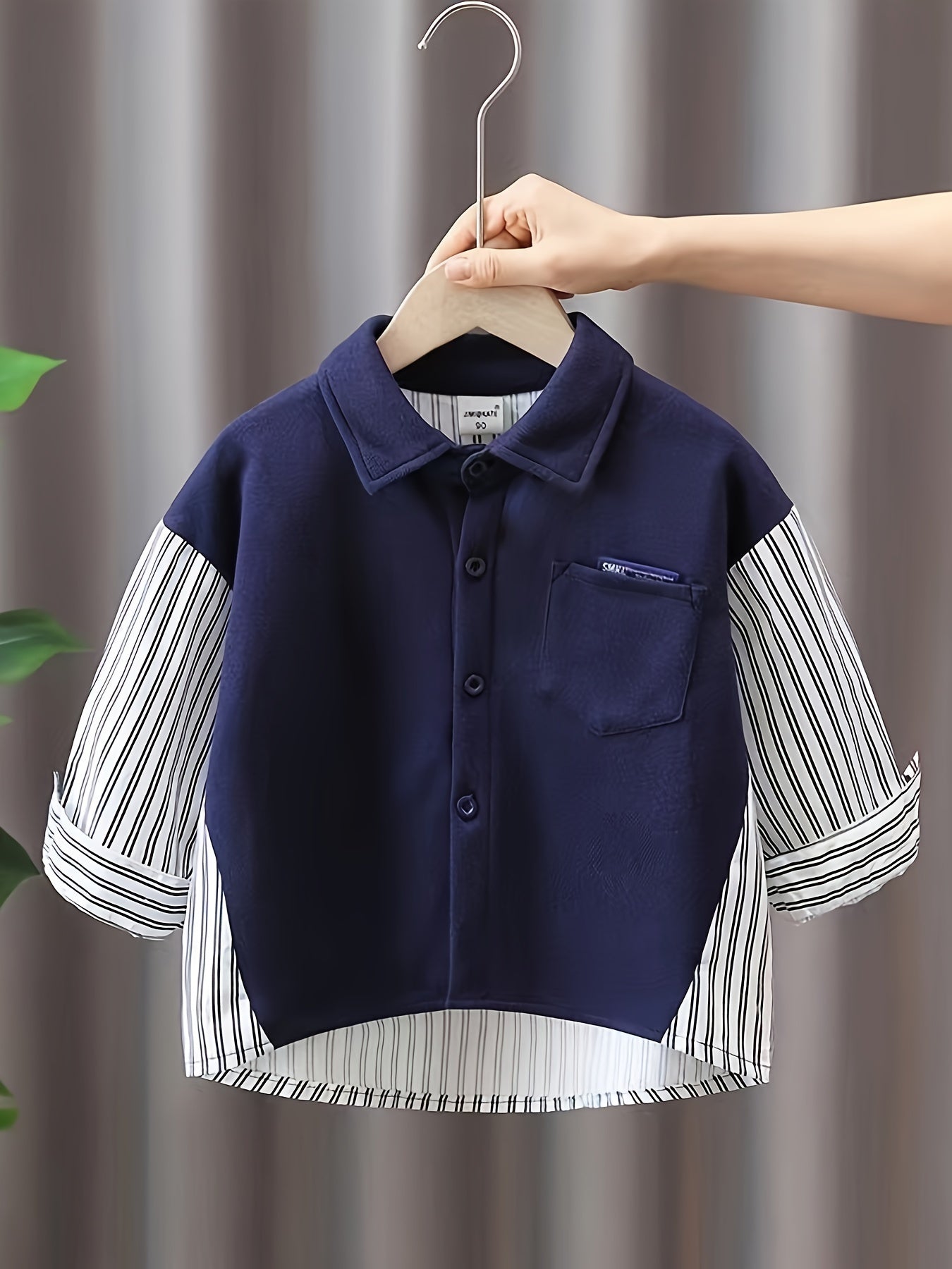 2-Pack of boys' cotton striped long sleeve shirts with collared button-up style, pockets, and loose fit for spring/autumn.