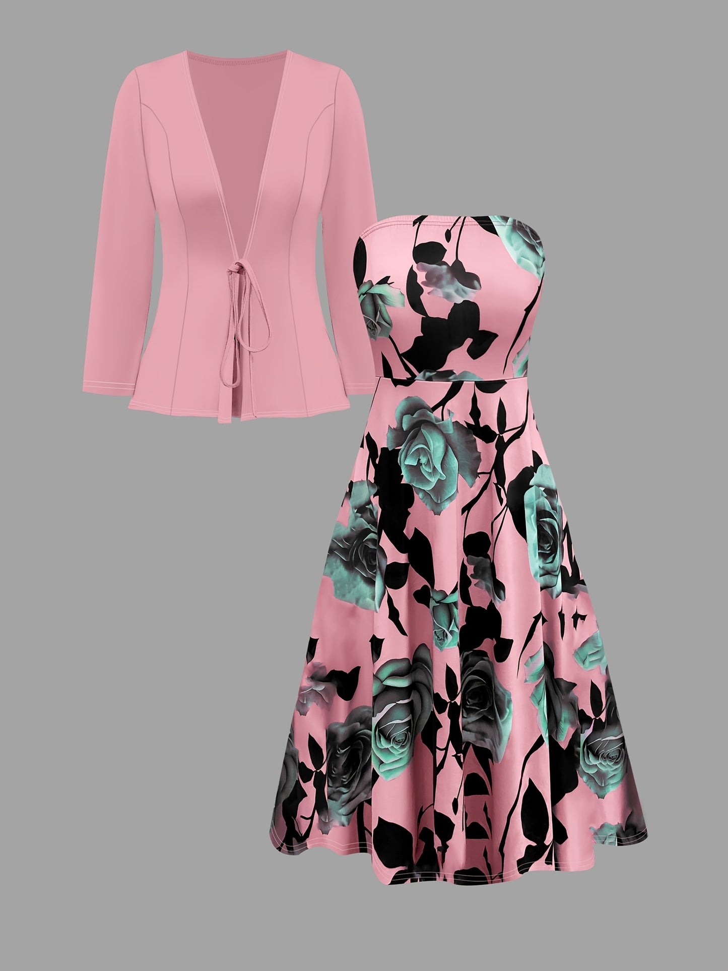 Women's elegant 2-piece set: small cardigan with lace-up detail + rose flower dress