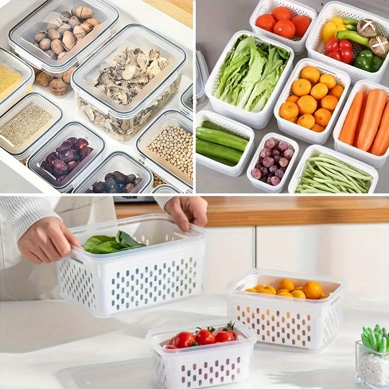 Reusable airtight plastic food storage containers featuring removable colanders, clip-on seal, and rectangle produce savers. Dishwasher safe and great for storing fresh berries, fruits, vegetables, and meat.