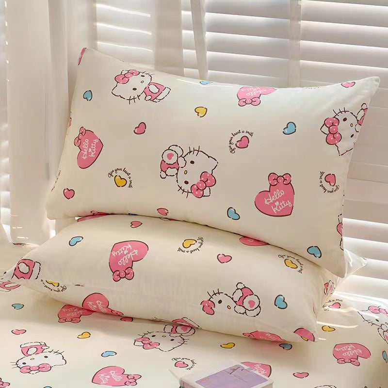 One piece of a Hello Kitty pillowcase made from 100% soft and breathable fabric. This bed pillow cover is machine washable and allergy-resistant. It features a digital print design with an envelope closure. The fabric weight is 250-300gsm, perfect for