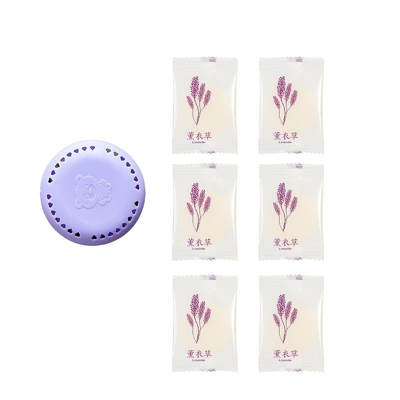 Six fragrance tablets and one box of long-lasting aromatherapy air freshener for use in various settings such as home, car, bathroom, bedroom, wardrobe, and toilet; suitable for ceramic surfaces, self-adhesive, and one-time use.