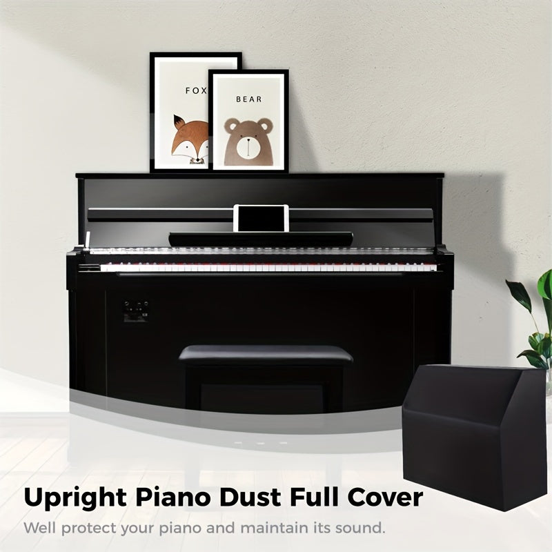 Waterproof and dustproof piano cover made of silvery-coated oxford fabric for sunlight and moisture protection in black.