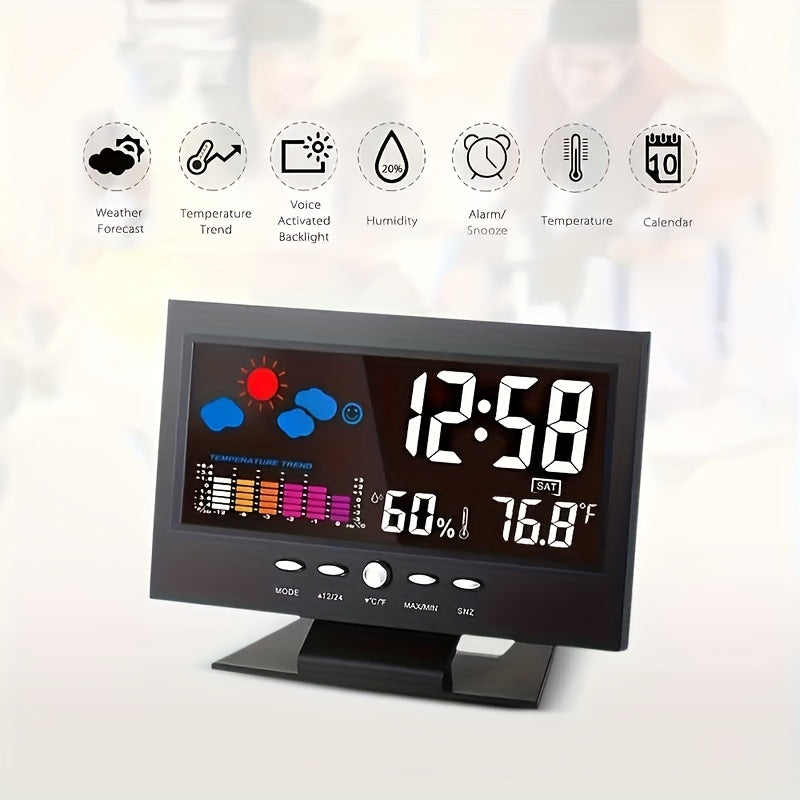 Smart Weather Clock with Thermometer, Hygrometer, and Color Display for Indoor Temperature and Humidity, Convenient Voice Control for Home Utility.