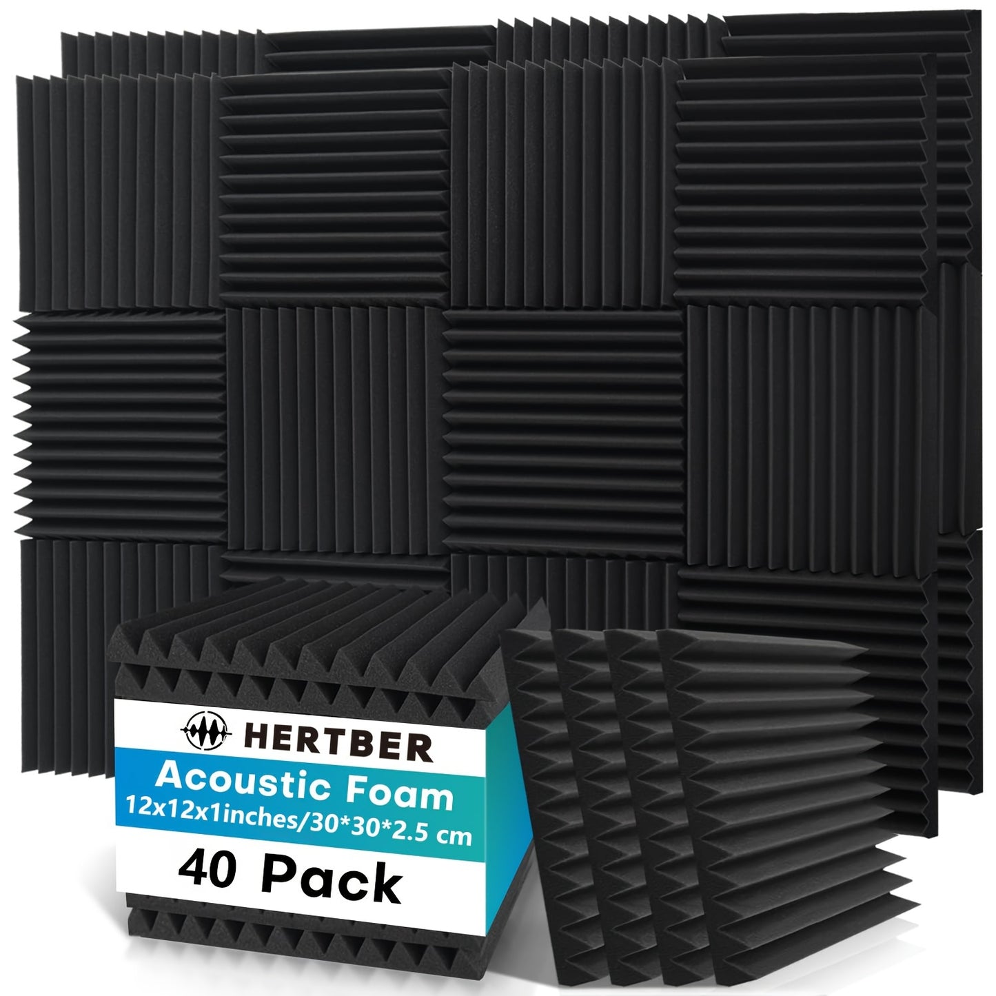 40 black high-density foam soundproof panels measuring 30.48cm x 30.48cm x 2.54cm, fireproof and noise-reducing for various spaces.