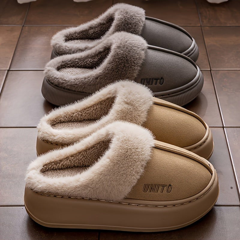 Cozy winter plush slippers for men and women with soft fabric lining, non-slip sole, machine washable. Available in beige and gray with white fur trim. Perfect for indoor comfort.