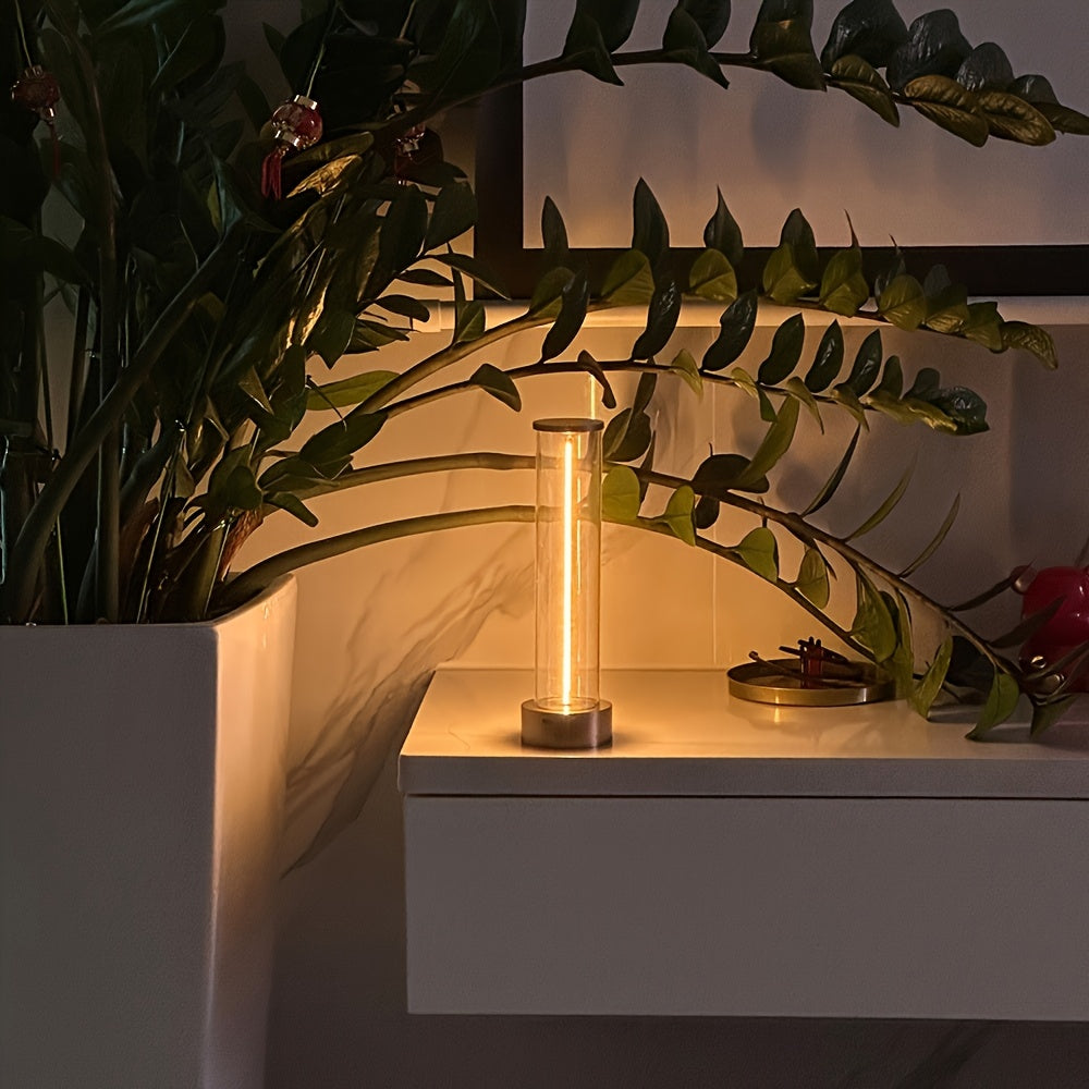 Modern LED desk lamp with touch control and rechargeable USB cordless design, featuring a dimmable light, metal base, and adjustable lighting for indoor use.