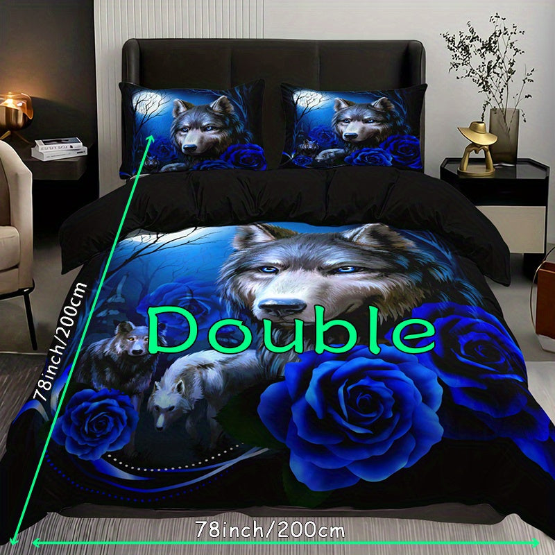 Fashionable 3-piece Duvet Cover Set featuring a striking Wolf Blue Rose Print design. This bedding set is made of soft, comfortable, and breathable material, perfect for adding style and comfort to your bedroom or guest room. Set includes 1 Duvet Cover