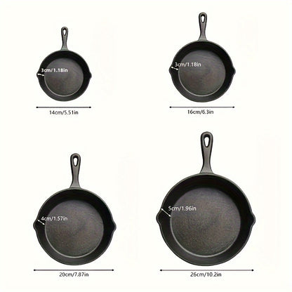 Set of 4 pre-treated cast iron frying pans with non-stick coating and handles, suitable for various cooking methods. Dishwasher safe and versatile for indoor and outdoor use, perfect for