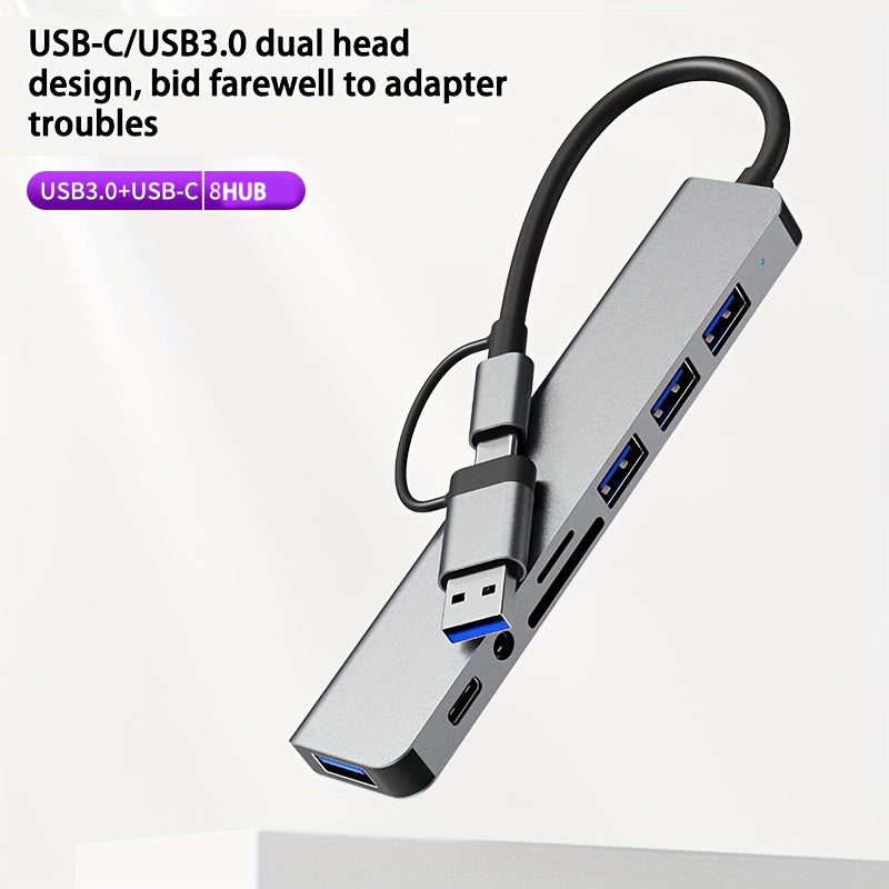 3.0 High speed USB C hub with 4 USB ports, USBC TF/SD card reader, and 3.5mm audio output. Compatible with MacBook Pro/iPad Pro/HP laptops/Galaxy phones.