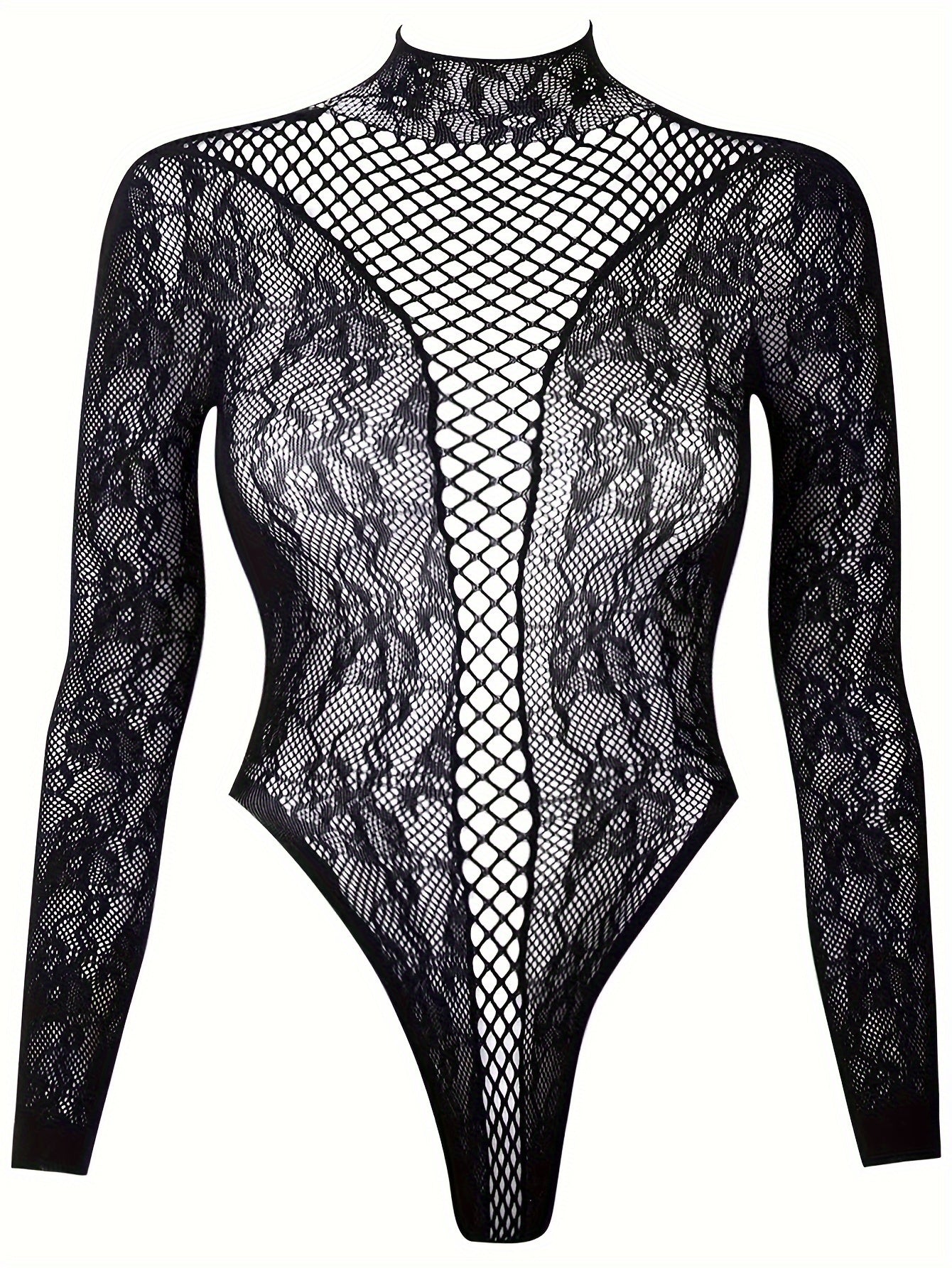 Sophisticated black lace bodysuit with fishnet detail, high neck, and long sleeves. Made of stretchy nylon fabric, hand washable. Sexy lingerie set for women.