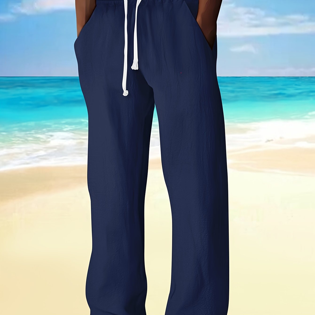 Men's casual drawstring pants made of cotton linen blend fabric. Features relaxed fit, straight leg with pockets, and a beach-inspired design. Ideal for spring and fall.