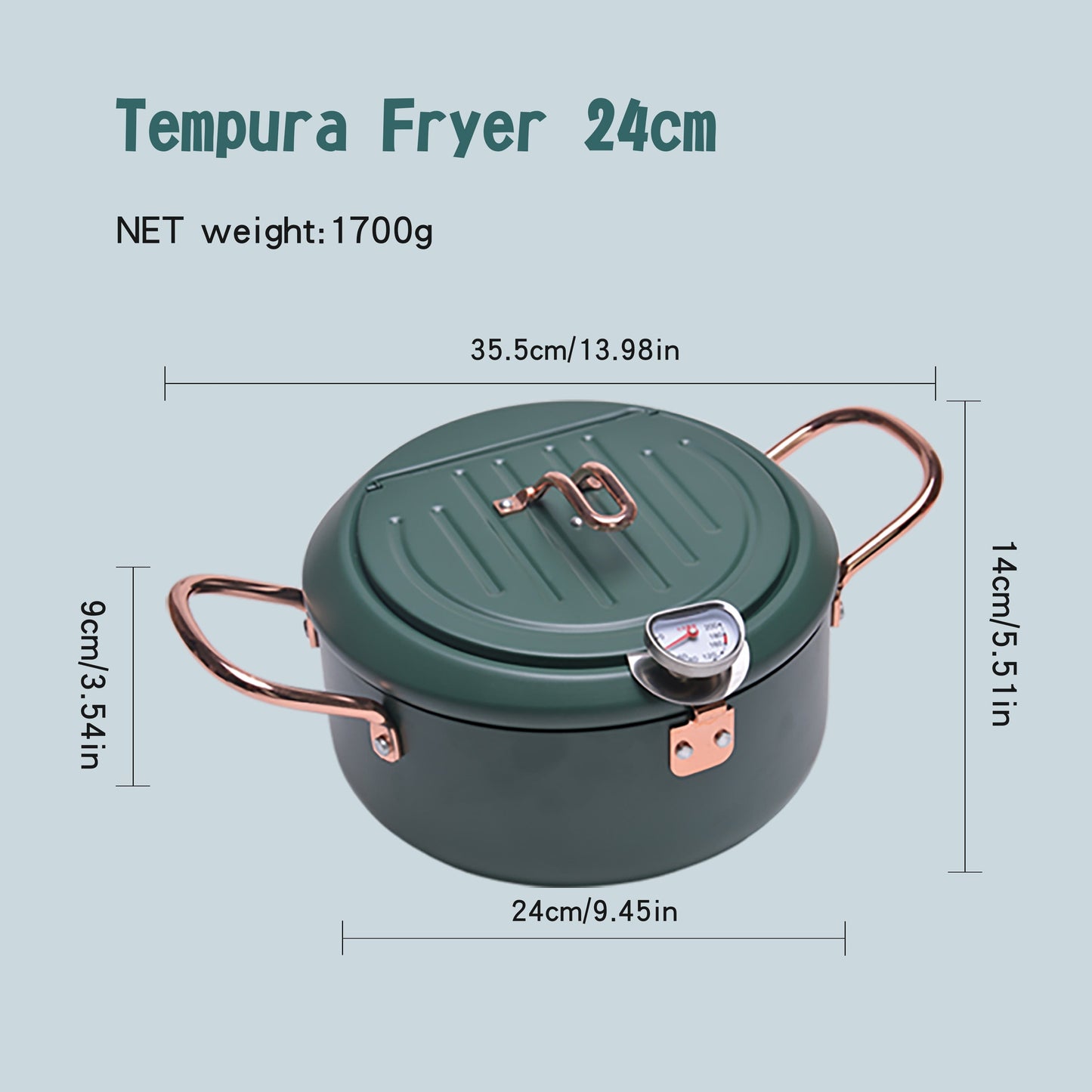 A stainless steel household deep fryer with tempura capabilities, featuring oil splash prevention, visible oil temperature gauge, easy cleaning, and compatibility with both gas stoves and induction cookers.