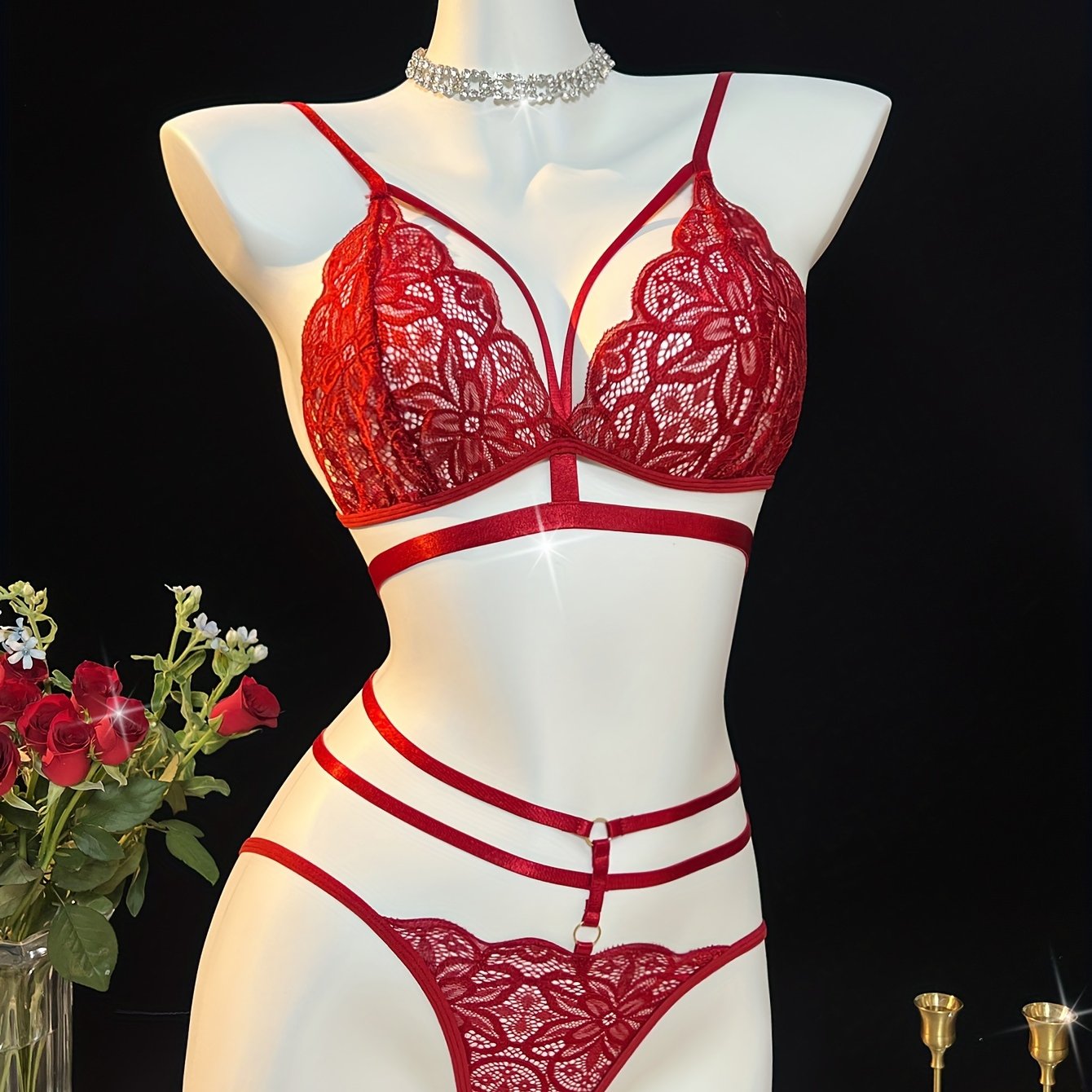 Sexy floral lace lingerie set includes a cut-out push-up bra and strappy thong.