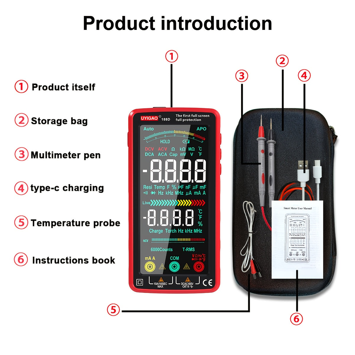 1pc UYIGAO Smart Digital Multimeter with Auto-Ranging TRMS, 6000 Counts, Slip-Resistant Grip, Measures AC/DC Voltage, Current, NCV, Ohm, Amp, Resistance, Diodes, Continuity, Capacitance