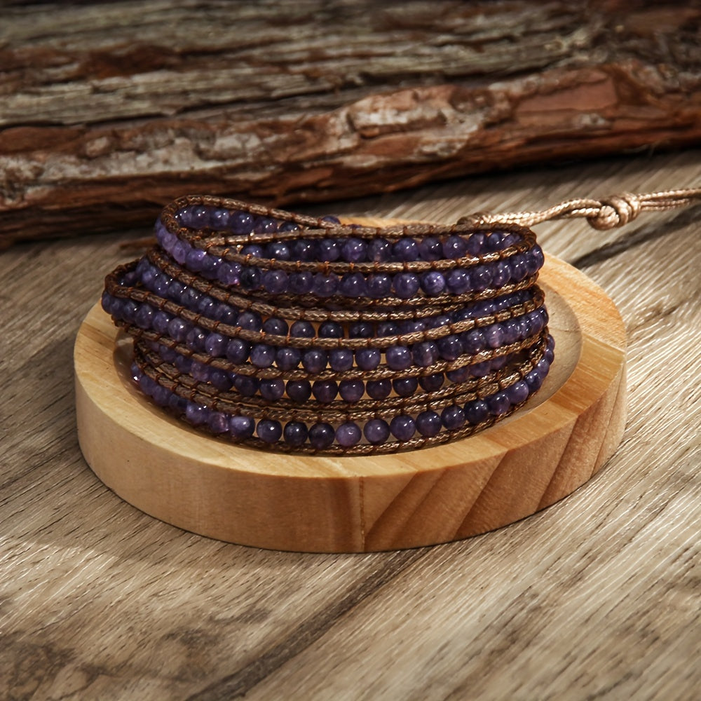 Women's Bracelet with a Bohemian Style, Waxed Cord Braid and Adjustable 5 Rows Wrap