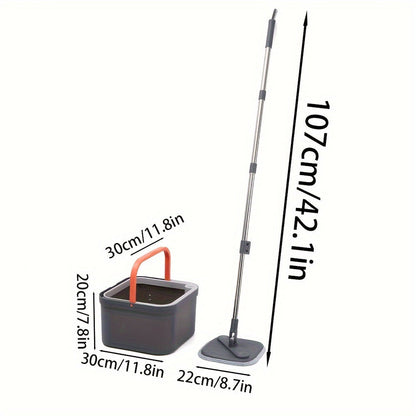 The All-in-One Spin Mop and Bucket Set includes 1 bucket, 1 stainless steel handle, and 4 reusable microfiber heads. This easy wringing flat mop is perfect for wet and dry floor cleaning in any room of the house, including the living room, bedroom