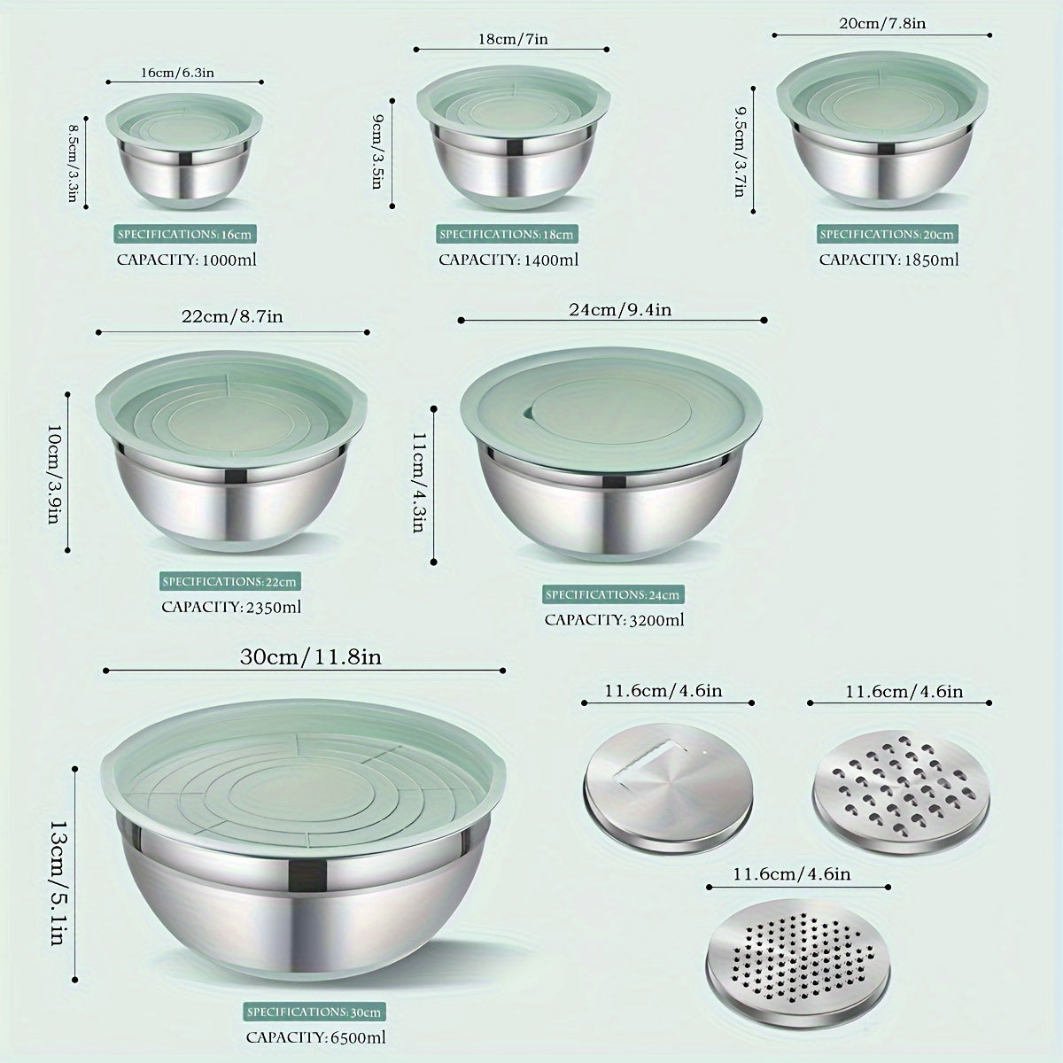 Set of 6 stainless steel mixing bowls with lids and 3 nested graters, featuring non-slip silicone bottoms. Perfect for mixing, cooking, and storing food. Ideal for holidays such as Christmas, Thanksgiving, Easter, and Halloween.