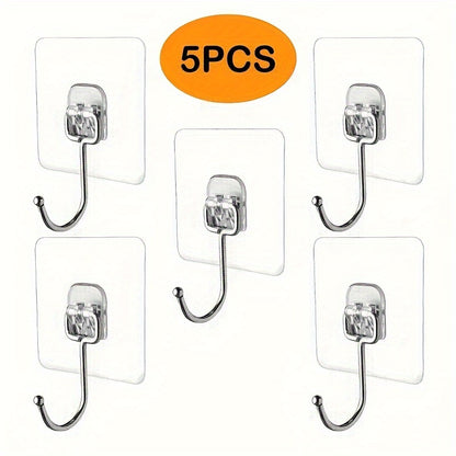 5 large adhesive hooks made of heavy-duty stainless steel, waterproof and rust-resistant for use in kitchen, bathroom, home, and office.