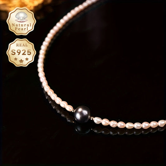 Luxurious MUFAN Pearl Necklace for Women - Featuring Natural Freshwater Pearls and Black Tahitian Pearl Accent, Crafted with S925 Sterling Silver, Adjustable for Perfect Fit, Perfect for Everyday Wear or Gifting, June Birthstone Inspired