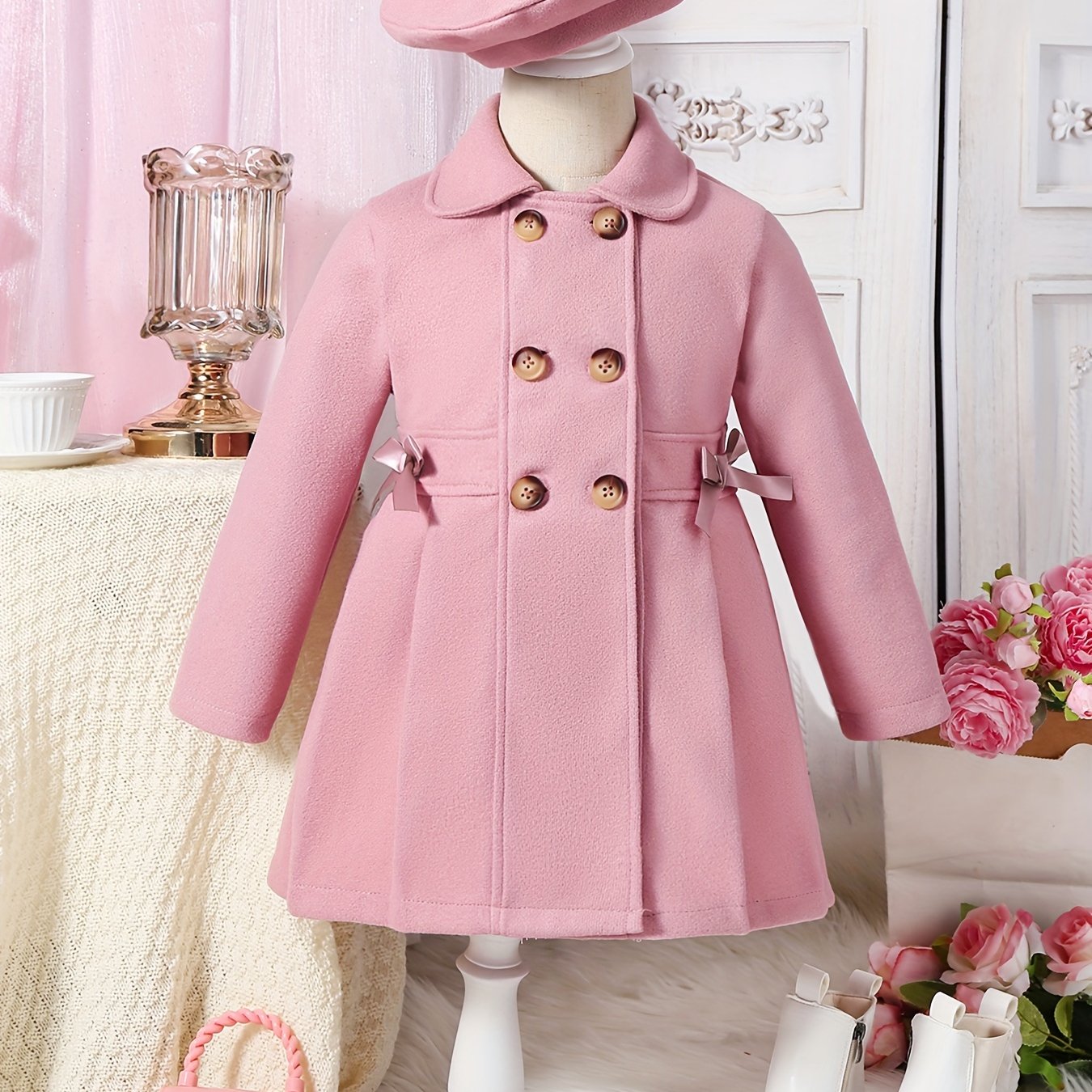 Youthful girls can look stylish in this casual polyester trench coat with lapel collar, double-breasted design, and matching bow detail and hat.