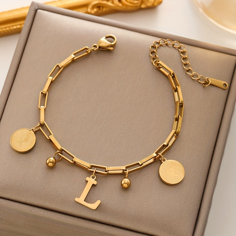 Golden-toned stainless steel bracelet for women, hip-hop inspired with "S" letter and round charms, 18K golden plated - perfect gift for girls