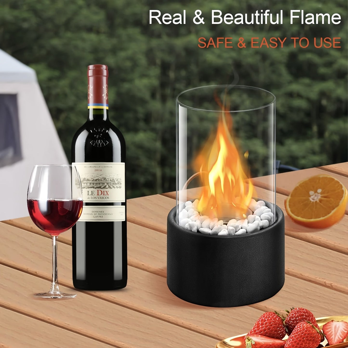 Portable tabletop fireplace made of durable stainless steel featuring white stones and windproof glass. Suitable for indoor and outdoor use, this ethanol fire pit does not require electricity.